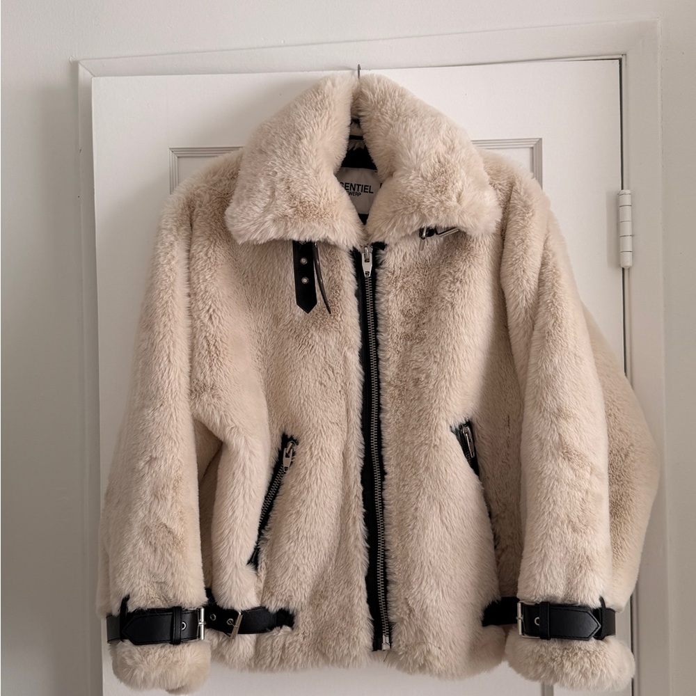 white faux fur & leather winter jacket